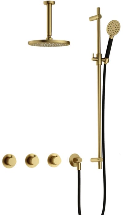 Hotbath Cobber - CB7067 - Inbouw Regendoucheset - Geborsteld Messing PVD - 2 Stopkranen - Thermostatisch - Plafondbuis 15 cm - Hoofddouche 200 mm - Ronde Handdouche 3 Standen - Glijstang 900 mm - Waterbesparend