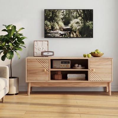110 cm hoge tv-standaard - Mid-Modern stijl - Geschikt voor 32/45 inch tv's, entertainmentmeubel met opbergruimte - Mediakast voor woonkamer en slaapkamer - Eikenkleur - Tv-standaard - Tv-standaard met twee kastjes - Woonkamermeubel