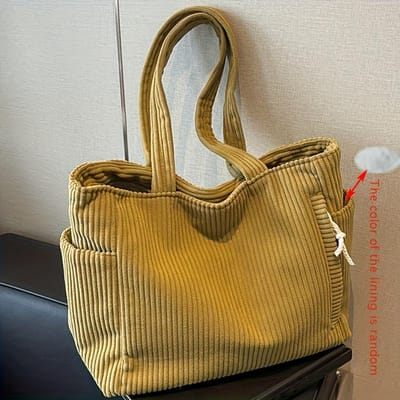 Sac à main décontracté en velours côtelé avec fermeture éclair, léger et grande capacité, bandoulière fixe et doublure en polyester, sac à main solide pour les déplacements quotidiens jaune