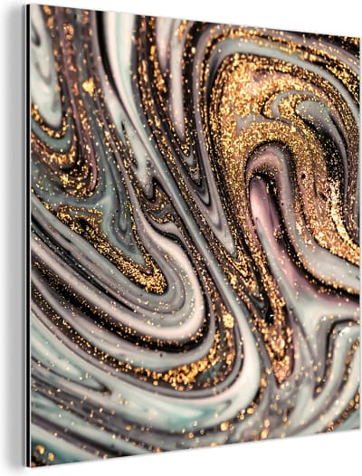 Wanddecoratie Metaal - Aluminium Schilderij Industrieel - Marmerlook - Goud - Glitter - Luxe - Marmer - Wit - 90x90 cm - Dibond - Foto op aluminium - Industriële muurdecoratie - Voor de woonkamer/slaapkamer