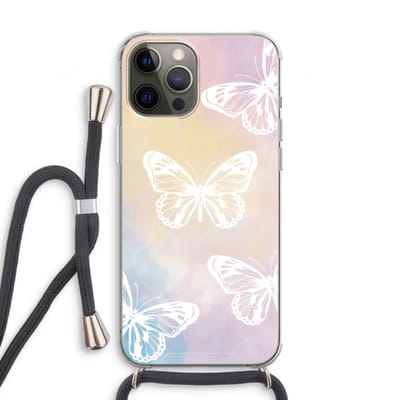 Case Company® - Hoesje met koord geschikt voor iPhone 12 Pro hoesje met Koord - White butterfly - Telefoonhoesje met Zwart Koord - Bescherming aan alle Kanten en Over de Schermrand