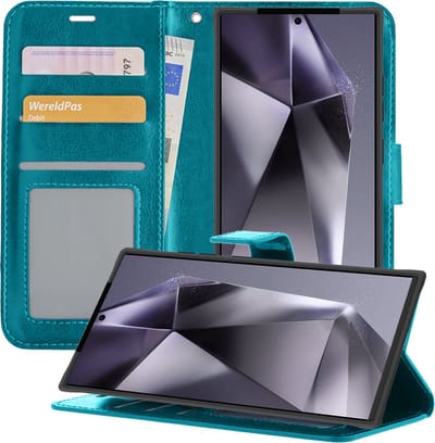 Hoesje - Geschikt voor Samsung Galaxy S24 Ultra - Luxe Bookcase - Walletcase Hoes - Portemonnee - Cover - Telefoonhoes - Turquoise