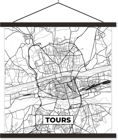 Posterhanger incl. Poster 60x60 cm - Schoolplaat - Frankrijk - Tours - Plattegrond - Stadskaart - Kaart - Zwart wit - Textielposter - Zwarte latten - Stadskaart