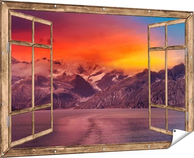 Gards Tuinposter Doorkijk Meer bij de Bergen bij Zonsondergang - 180x120 cm - Tuindoek - Tuindecoratie - Wanddecoratie buiten - Tuinschilderij
