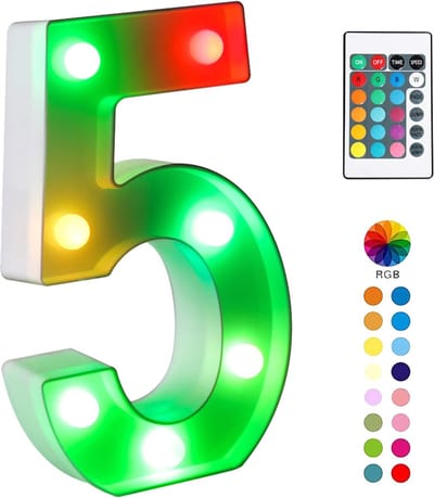 Lichtgevend Cijfer 5 - 22 cm - RGB Met Afstandsbediening
