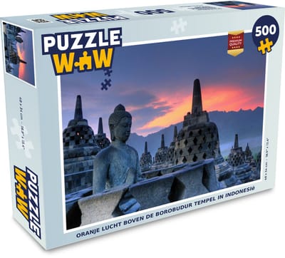 Puzzel Oranje lucht boven de Borobudur tempel in Indonesië - Legpuzzel - Puzzel 500 stukjes