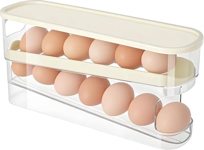 Famanu – Eierhouder Koelkast, 2-Tier Rollende Eierdispenser, Ruimtebesparende Eieropslag koelkast