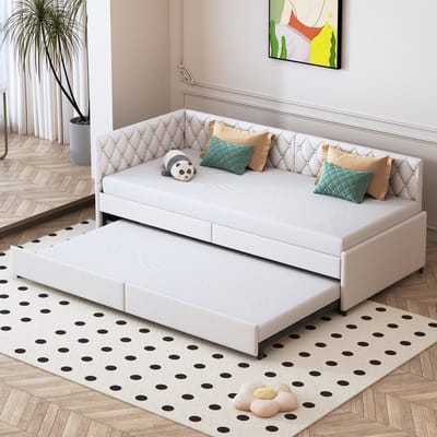 Gestoffeerd bed, uitschuifbare slaapbank 90 x 200 cm, slaapbank met lattenbodem, multifunctionele opklapbare slaapbank, uitklapbare slaapbank, eenpersoonsbed, fluwelen stof, beige, zonder matras