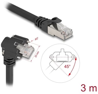 Delock GigE Camera Cable RJ45 plug 45° rotated and 90° angled with screws to RJ45 plug Cat.6 S/FTP 3 m black