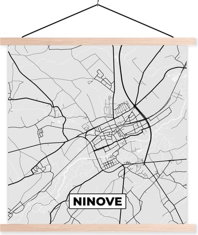 Posterhanger incl. Poster 40x40 cm - Schoolplaat - Stadskaart – Plattegrond – België – Zwart Wit – Ninove – Kaart - Textielposter - Blanke latten - Stadskaart