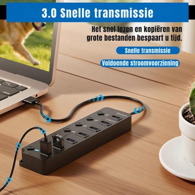 RONN® USB Hub met Voeding - USB Hub - USB Splitter - Zwart - 18cm x 18cm x 2cm