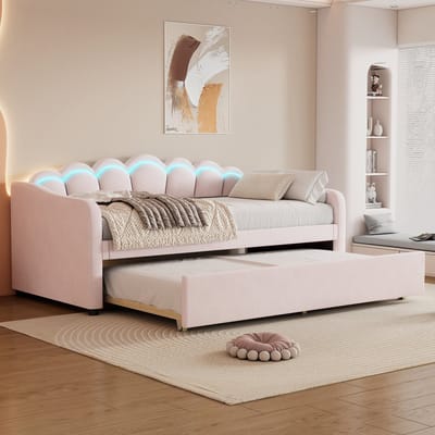 Dagbed met uitschuifbed en LED-sfeerverlichting - voor kinderkamer en logeerkamer - 90x200 cm en 90x190 cm - Roze - Kleurwisselende LED via afstandsbediening - Uitschuifbed op wieltjes - Minimalistisch fluwelen ontwerp