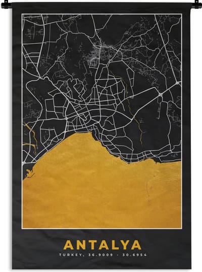 Wandkleed - Wanddoek - Antalya - Stadskaart - Plattegrond - Goud - Kaart - 120x180 cm - Wandtapijt