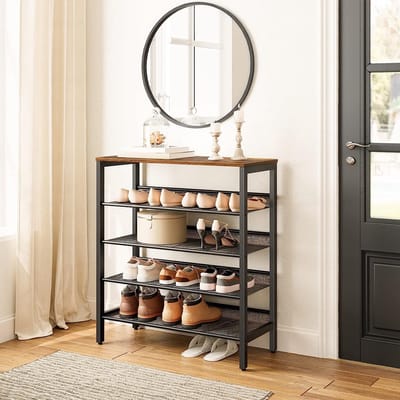 Schoenenrek, 5-laags schoenenkast, verstelbaar schoenenrek, schoen organisator, platte en kantelbaar, voor 12-16 paar schoenen, stal, voor gang, woonkamer, vintage bruin-zwart EBF01XJ01