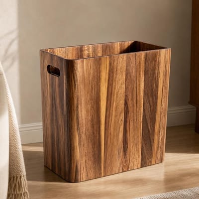 Massief houten prullenbak van 10 liter met handgrepen, rechthoekige afvalbak voor slaapkamer, badkamer en keuken, duurzaam en stijlvol