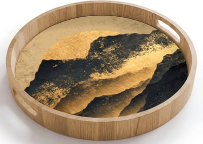 Dienblad rond 40x40 cm - Schootdienblad hout - Gouden Bergen bij Maanlicht - Borrelplank rechthoek - Plateau houten dienbladen