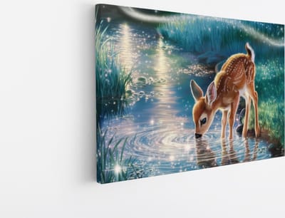 Saammp Canvas Schilderij - Drinkend hertje - Abstract - Natuur - Dieren - 45x30 - Foto op canvas - Wanddecoratie - Muurdecoratie Woonkamer - Slaapkamer decoratie - Canvas Print