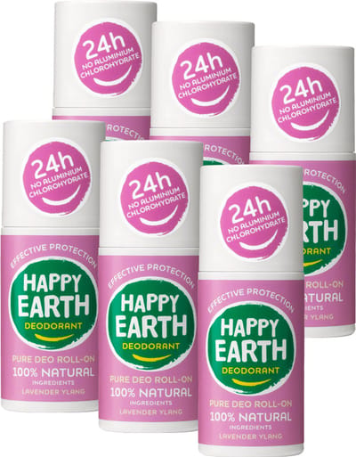 Happy Earth Bundel Deodorant Roller Lavender Ylang - 100% Natuurlijke Ingrediënten - 24 uur Bescherming - Aluminiumvrij – Alcoholvrij – Microplasticvrij – 6 x 75mL – Voordeelverpakking