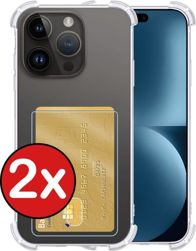 Hoesje - 2 Stuks - Geschikt voor Apple iPhone 15 Pro - Met Pashouder en Kaarthouder - Telefoon Hoes Shockproof - Back Cover - Siliconen Case - Shock Proof - Pasjes Houder - Telefoonhoes - Transparant