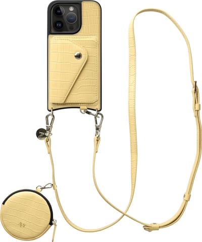 AVY Leren Hoesje geschikt voor Apple iPhone 15 Pro | Met Koord, Wallet en Pouch | Compatibel met MagSafe | Leather Case met 130CM Koord | Long Leather | Croco Geel