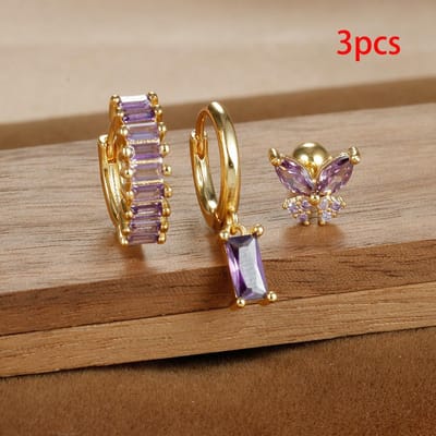 3PCS Gold Color Crystal Square Hoop Earrings Set For Women Butterfly Pendant Cartilage Tragus Helix Ear Stud Fashion Jewelry