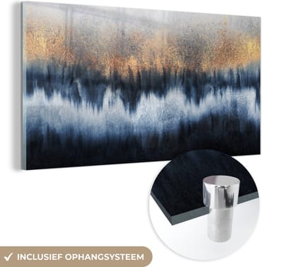MuchoWow® Glasschilderij 80x40 cm - Schilderij acrylglas - Abstract - Goud - Luxe - Blauw - Foto op glas - Muurdecoratie woonkamer - Wanddecoratie slaapkamer - Schilderijen