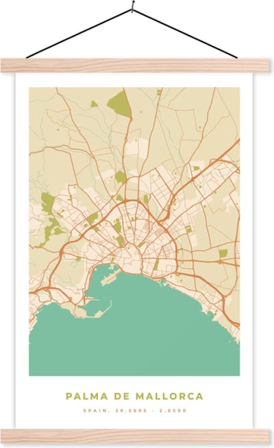 Posterhanger incl. Poster 40x60 cm - Schoolplaat - Kaart - Mallorca - Stadskaart - Vintage - Plattegrond - Textielposter - Blanke latten - Stadskaart