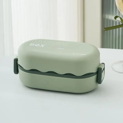 850ML Lunchbox Dubbellaags Plastic Compartiment Lunchbox met Lepel Gesp Lekdichte Voedselopbergcontainer Verzegelde Picknickdoos beige