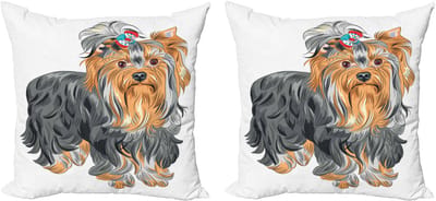 ABAKUHAUS Yorkie Decoratieve Kussenhoes, Set van 2, Terrier met Strik, 40x40 cm, Abrikoosgrijs