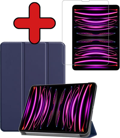 Hoesje - Geschikt voor Apple iPad Pro (2022) - 12.9 inch - Met Screenprotector - Hardcover Book Case - Trifold Bookcase Hoes - Hard Cover - Tablethoes - Donkerblauw
