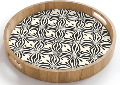 Dienblad rond 40x40 cm - Schootdienblad hout - Grafisch - Patroon - Zwart - Borrelplank rechthoek - Plateau houten dienbladen