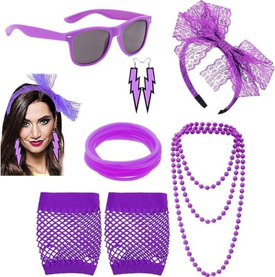Jaren 80 dames kostuum met neon kleuren en kanten stoffen, perfect voor themafeesten en carnaval