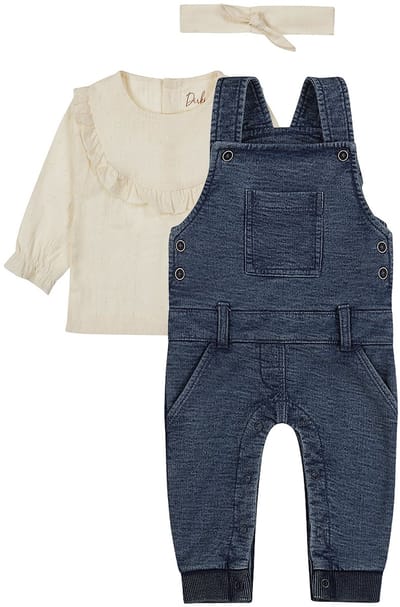 Dirkje - Basic Collection - BIO COTTON - Tuinbroek Blauw - Blouse Offwhite met roesjes en haarband - Maat 56