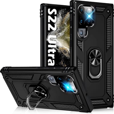 Ring Armor hoesje Geschikt voor Samsung Galaxy S22 Ultra - Zwart - Draaibare standaard - Magneet - ZT Accessoires