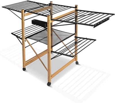 Droogmolen met Voet voor Camping & Thuis - Wasrek Staand - Droogrek Inklapbaar - Zwart en licht hout