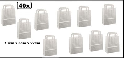 40x Tas platte handgreep papier wit 18cmx8cmx22cm - goodiebag|papieren|draagtas|tas|koord|festival|kado|themafeest|party|geschenken