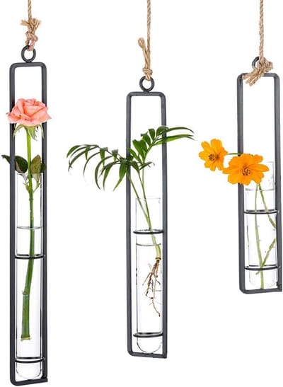 Crrynuo creatieve ijzeren glazen vaas hangende fles container hydroponische hangende fles reageerbuis bloemen hangende plant ornamenten - woonkamer tuin - groot (zwart)