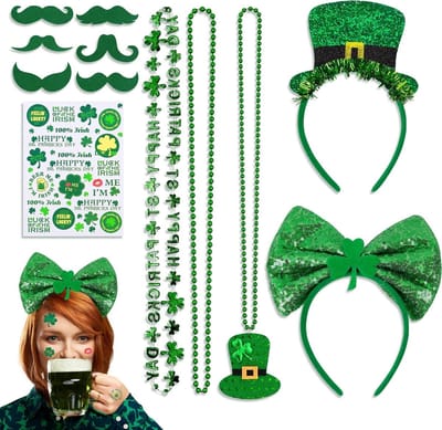 7-delige accessoires voor St. Patrick's Day: hoeden, kettingen, snorren en tatoeages voor feestdecoratie en kostuums