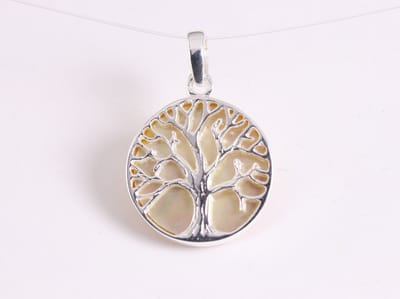 Fijne ronde zilveren hanger met levensboom op goudkleurige schelp
