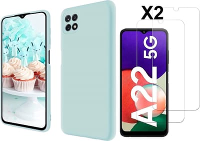 Hoesje Geschikt Voor Samsung Galaxy A22 5G Hoesje siliconen Mint Groen zacht siliconen hoesje TPU backcover - Met Screenprotector - 2 stuks