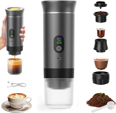 Draagbaar koffiezetapparaat 3-in-1 - Oplaadbaar, draagbaar reiskoffiezetapparaat - 20-25 uur - 12V espressomachine voor capsule-Capaciteitsupgrade -CNC - Verhoogde capaciteit-gemalen koffie - voor kamperen, reizen, kantoor, auto en thuis (Grijs)