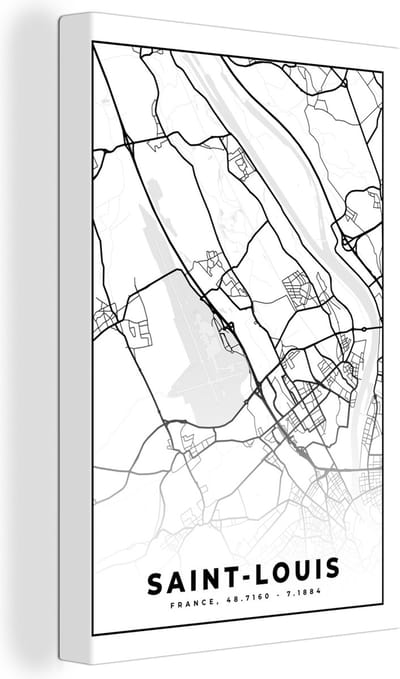 Canvas Schilderij Stadskaart - Plattegrond - Saint-Louis - Kaart - Frankrijk - Zwart wit - 20x30 cm - Wanddecoratie