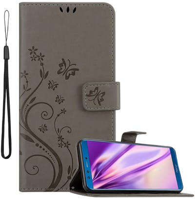 Cadorabo Hoesje geschikt voor Honor 9 LITE in BLOEMEN GRIJS - Beschermhoes in bloemmotief met magnetische sluiting, standfunctie en kaartsleuven Book Case Cover Etui