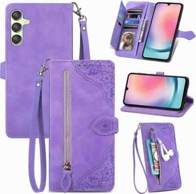 Telefoonhoesje geschikt voor Samsung Galaxy A25 5G - Portemonnee met rits - book-case hoesje - ruimte voor 7 pasjes - mandala bloemen paars
