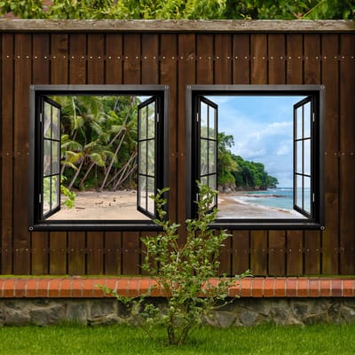 Tuinposter Doorkijk Raam nr6 Set - Tuindecoratie - twee stuks van 80 x 80 cm - Tuindoek - PosterGuru