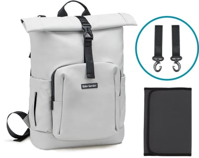 Baby Garden Luiertas Salerno - Luiertas Rugzak Rolltop - 20L tot 25L - Inclusief verschoonmatje & Kinderwagen Haken - Lichtgrijs