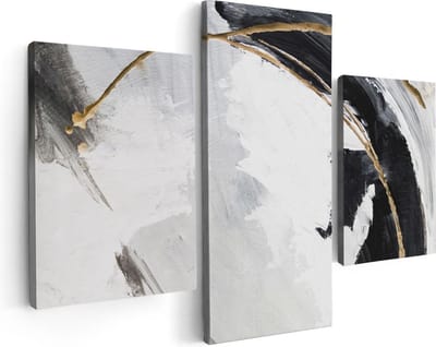 Artaza Canvas Schilderij Drieluik Abstracte Kunst - Wit met Zwart en Goud - 90x60 cm - Wanddecoratie Woonkamer - Schilderijen - Muurdecoratie