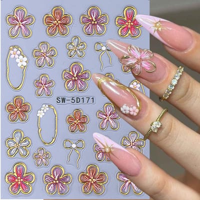 1 stuks 5D Embossed Bloemen Nagelstickers - Doorschijnende Bloemstrikken Zelfklevend Glanzend Nail Art Decals voor Lente Bruiloft Manicure, DIY Nageldecoratie gray