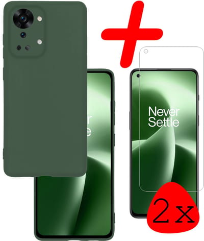 Hoesje Met 2x Screenprotector - Geschikt voor OnePlus Nord 2T - Sterk & Shockproof - Back Cover - Siliconen Case - Telefoon Hoes - Donkergroen