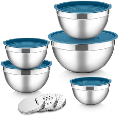 Dailygoods - Herogo Mengkommen, set van 5, blauw, roestvrij stalen kom met luchtdichte deksels, metalen slakom met 3 raspopzetstukken voor bereiden, bakken, serveren, bewaren, mixen, vaatwasmachinebestendig